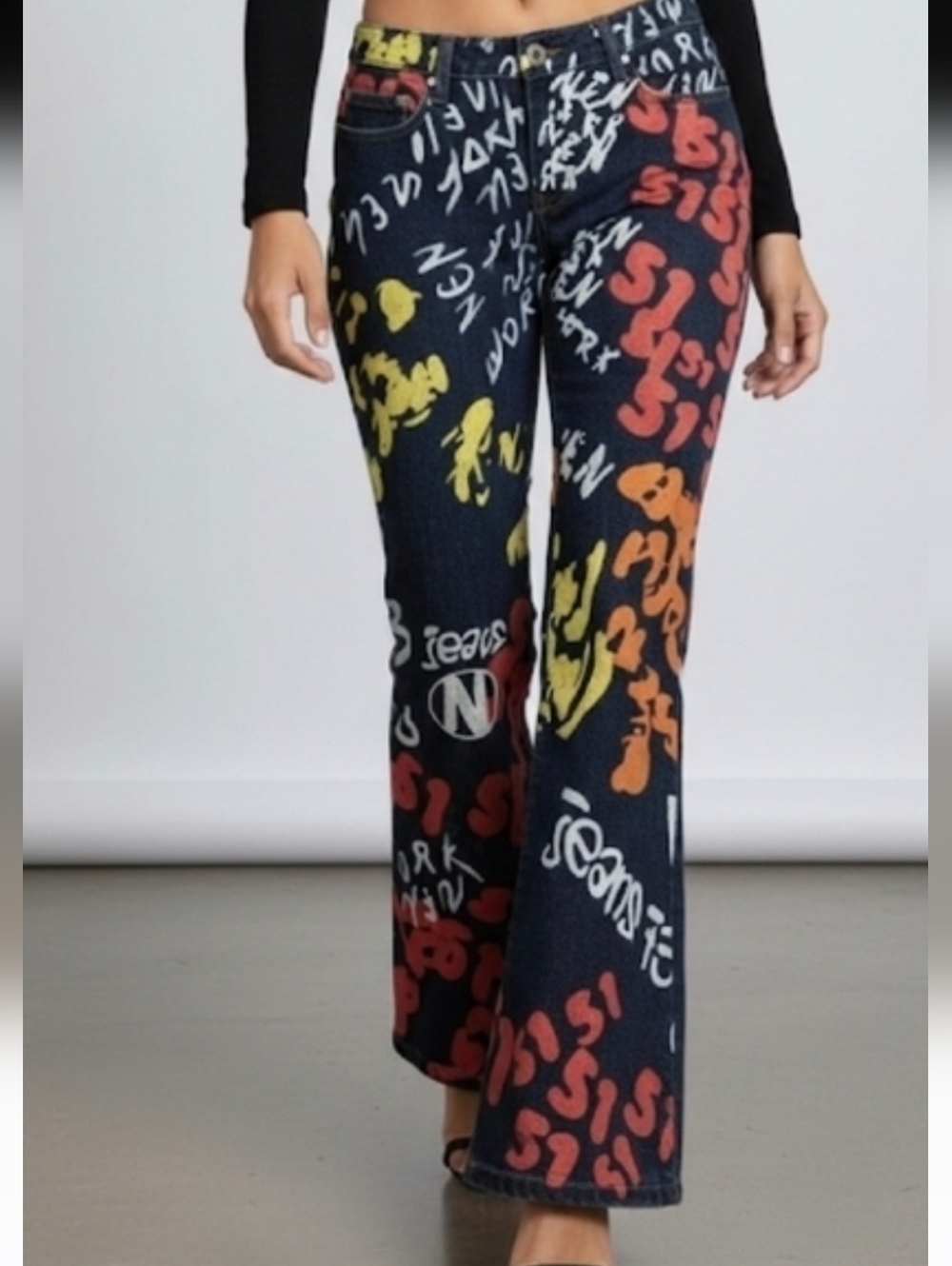 Neeso Graffiti Mod Dark Denim Print Flared Jeans - Multicolor Size 22